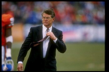 7 Jan 1990:  Denver Broncos head coach Dan Reeves looks on during a playoff game against the Pittsburgh Steelers at Mile High Stadium in Denver, Colorado.  The Broncos won the game, 24-23. Mandatory Credit: Tim DeFrisco  /Allsport