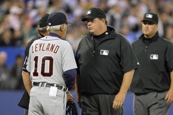 TORONTO - APRIL 6: Jim Leyland #10 of the Detroit Tigers  talks with the umpires during the Opening Day game against the Toronto Blue Jays at the Rogers Centre April 6, 2009 in Toronto, Ontario. (Photo by: Dave Sandford/Getty Images)
