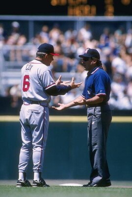 28 Jul 1996:  Manager Bobby Cox #6 of the Atlanta Braves discusses a call with umpire Mark Hirschbeck during an inning in the Braves 10-3 loss to the San Francisco Giants at 3Com Park in San Francisco, California.  Mandatory Credit: Otto Greule Jr.  /Alls