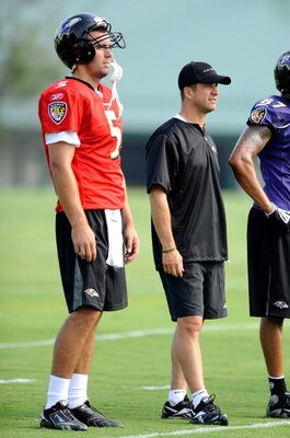 WESTMINSTER, MD - JULY 28:  Head coach John Harbaugh and Joe Flacco #5 of the Baltimore Ravens watch training camp at McDaniel College on July 28, 2009 in Westminster, Maryland.  (Photo by Greg Fiume/Getty Images)