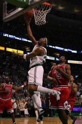 BOSTON - MAY 02:  Paul Pierce #34 of the Boston Celtics drives past John Salmons #15 of the Chicago Bulls in Game Seven of the Eastern Conference Quarterfinals during the 2009 NBA Playoffs at TD Banknorth Garden on May 2, 2009 in Boston, Massachusetts. NO