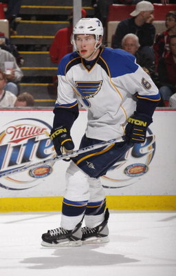DETROIT - MARCH 28: Erik Johnson #6 of the St. Louis Blues skates against the Detroit Red Wings during their NHL game at Joe Louis Arena March 28, 2008 in Detroit, Michigan. (Photo By Dave Sandford/Getty Images)
