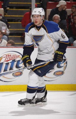 DETROIT - MARCH 28:  Erik Johnson #6 of the St. Louis Blues skates against the Detroit Red Wings during their NHL game at Joe Louis Arena March 28, 2008 in Detroit, Michigan.  (Photo By Dave Sandford/Getty Images)
