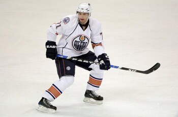 DENVER - JANUARY 16:  Lubomir Visnovsky #71 of the Edmonton Oilers skates against the Colorado Avalanche during NHL action at the Pepsi Center on January 16, 2009 in Denver, Coloado. The Oilers defeated the Avalanche 3-2.  (Photo by Doug Pensinger/Getty I