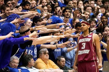 DURHAM, NC - JANUARY 28:  Jared Dudley #3 of the Boston College Eagles is heckled by the Cameron Crazies during their game at Cameron Indoor Stadium on January 28, 2007 in Durham, North Carolina.  (Photo by Streeter Lecka/Getty Images)