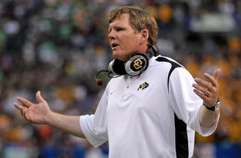 DENVER - AUGUST 31:  Head coach Dan Hawkins of the University of Colorado Buffaloes protests a call to the officials against the Colorado State University Rams at Invesco Field at Mile High on August 31, 2008 in Denver, Colorado.  (Photo by Doug Pensinger
