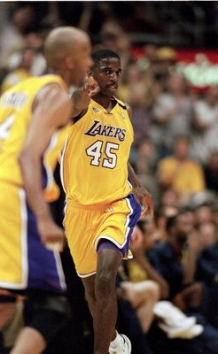 19 Jun 2000:  A.C. Green #45 of the Los Angeles Lakers makes a hand gesture during the NBA Finals Game 6 against the Indiana Pacers at the Staples Center in Los Angeles, California.  The Lakers defeated the Pacers in 116-111.  NOTE TO USER: It is expressl