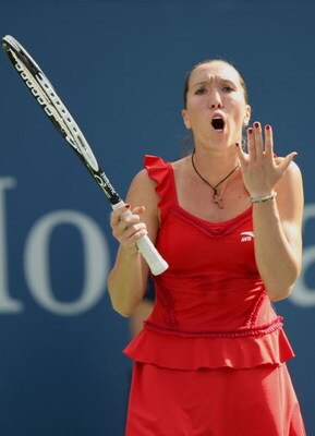 NEW YORK - SEPTEMBER 03:  Jelena Jankovic of Serbia reacts to a point against Yaroslava Shvedova of Kazakhstan during day four of the 2009 U.S. Open at the USTA Billie Jean King National Tennis Center on September 3, 2009 in Flushing neighborhood of the Q