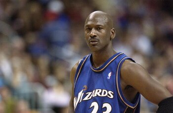 PHILADELPHIA - APRIL 16:  Michael Jordan #23 of the Washington Wizards on the court during the final NBA game of his career, played against the Philadelphia 76ers at First Union Center on March 30, 2003 in Philadelphia, Pennsylvania.  The Sixers won 107-8