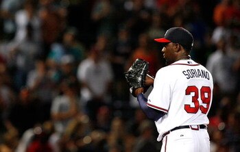 ATLANTA - AUGUST 22:  Closing pitcher Rafael Soriano #39 of the Atlanta Braves pitches in the ninth inning against the Florida Marlins on August 22, 2009 at Turner Field in Atlanta, Georgia.  (Photo by Kevin C. Cox/Getty Images)