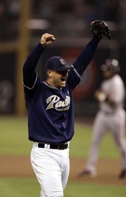 SAN DIEGO - SEPTEMBER 28:  Closer Trevor Hoffman #51 of the Padres celebrates the final out of the 9th inning against the San Francisco Giants as the Padres clinch the National League West with a 9-1 win on September 28, 2005 at Petco Park in San Diego, C