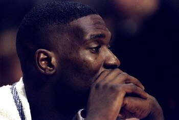 25 Apr 1998:  Shawn Kemp #4 of the Cleveland Cavaliers looks on during a first round NBA Playoff Game against the Indiana Pacers at the Market Square Arena in Indianapolis, Indiana. The Pacers defeated the Cavaliers 92-86. Mandatory Credit: Vincent Lafore
