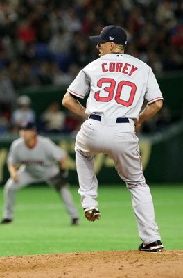TOKYO - MARCH 23:  Pitcher Bryan Corey #30 of Boston Red Sox pitches during a presason friendly between Boston Red Sox and Yomiuri Giants at Tokyo Dome on March 23, 2008 in Tokyo, Japan.  (Photo by Koichi Kamoshida/Getty Images)