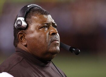 CLEVELAND - OCTOBER 13:  Head coach Romeo Crennel of the Cleveland Browns watches the action  in the second quarter against the New York Giants on October 13, 2008 at Cleveland Browns Stadium in Cleveland, Ohio. Cleveland won the game 35-14.  (Photo by Gr