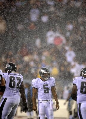 PHILADELPHIA - AUGUST 14:  Donovan McNabb #5 of the Philadelphia Eagles stands in the rain during the NFL game against the Carolina Panthers at Lincoln Financial Field on August 14, 2008 in Philadelphia, Pennsylvania.  (Photo by Jeff Zelevansky/Getty Imag