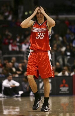 LOS ANGELES, CA - FEBRUARY 26:  Adam Morrison #35 of the Charlotte Bobcats reacts to his team trailing 100-93 in the final minutes of the game against the Los Angeles Clippers during the quarter at the Staples Center on February 26, 2007 in Los Angeles, C