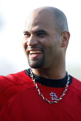 LOS ANGELES, CA - AUGUST 19:  Albert Pujols #5 of the St. Louis Cardinals looks on during batting practice prior to the game against the Los Angeles Dodgers at Dodger Stadium on August 19, 2009 in Los Angeles, California.  (Photo by Jeff Gross/Getty Image