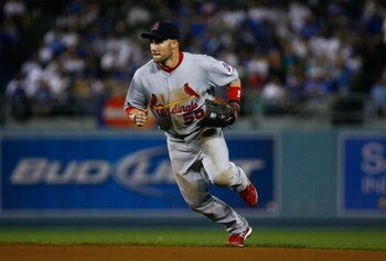 LOS ANGELES, CA - AUGUST 17:  Skip Schumaker #55 of the St. Louis Cardinals plays against the Los Angeles Dodgers at Dodger Stadium on August 17, 2009 in Los Angeles, California.  (Photo by Jeff Gross/Getty Images)