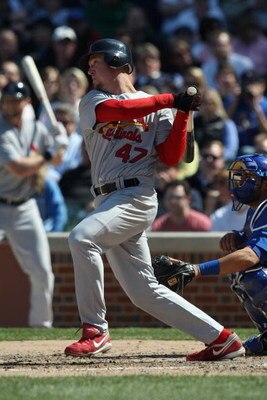 CHICAGO - APRIL 17:  Ryan Ludwick #47 of the St. Louis Cardinals bats against the Chicago Cubs on April 17, 2009 at Wrigley Field in Chicago, Illinois. (Photo by Jonathan Daniel/Getty Images) 