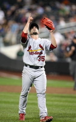 NEW YORK - JUNE 23:  Joel Pineiro #35 of the St. Louis Cardinals celebrates defeating the New York Mets at Citi Field on June 23, 2009 in the Flushing neighborhood of the Queens borough of New York City.  (Photo by Michael Heiman/Getty Images)