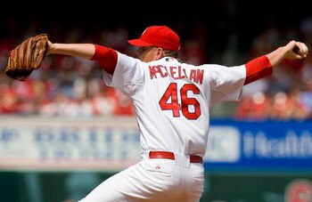 ST. LOUIS, MO - APRIL 30: Relief pitcher Kyle McClellan #46 of the St. Louis Cardinals throws against the Cincinnati Reds on April 30, 2008 at Busch Stadium in St. Louis, Missouri.  The Cardinals beat the Reds 5-2. (Photo by Dilip Vishwanat/Getty Images)