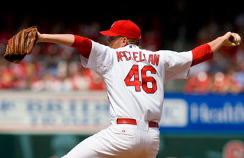 ST. LOUIS, MO - APRIL 30: Relief pitcher Kyle McClellan #46 of the St. Louis Cardinals throws against the Cincinnati Reds on April 30, 2008 at Busch Stadium in St. Louis, Missouri.  The Cardinals beat the Reds 5-2. (Photo by Dilip Vishwanat/Getty Images)