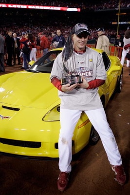 ST LOUIS, MO - OCTOBER 27:  David Eckstein #22 of the St. Louis Cardinals holds the World Series MVP trophy after defeating the Detroit Tigers in Game Five of the 2006 World Series on October 27, 2006 at Busch Stadium in St. Louis, Missouri.  The Cardinal