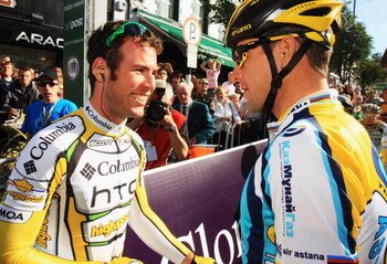 CLONMEL, IRELAND - AUGUST 22:  Mark Cavendish of Great Britain and Columbia HTC chats to Lance Armstrong of the USA and Astana at the start of Stage Two of the 2009 Tour of Ireland from Clonmel to Killarney on August 22, 2009 in Clonmel, Ireland.  (Photo 