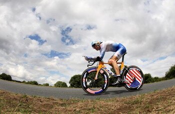 CHOLET, FRANCE - JULY 08:  (EDITORS NOTE: THIS IMAGE WAS CREATED USING A WIDE ANGLE LENS) Christian Vandevelde of the USA and team Garmin-Chipotle in action during the first time trail of the 2008 Tour de France on July 8, 2008 in Cholet, France.  (Photo 