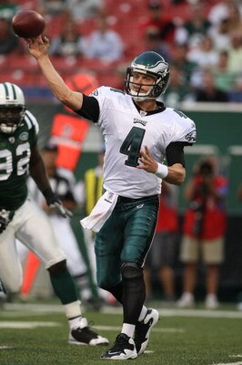EAST RUTHERFORD, NJ - SEPTEMBER 3:  Quarterback Kevin Kolb #4 of the Philadelphia Eagles passes the ball in the first quarter against the New York Jets during the NFL preseason game at Giants Stadium on September 3, 2009 in East Rutherford, New Jersey. (P