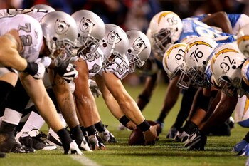 OAKLAND, CA - SEPTEMBER 14:  The Oakland Raiders line up against the San Diego Chargers on September 14, 2009 at the Oakland-Alameda County Coliseum in Oakland, California.  (Photo by Ezra Shaw/Getty Images)