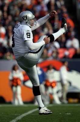 DENVER - NOVEMBER 23:  Punter Shane Lechler #9 of the Oakland Raiders punts the ball to the Denver Broncos during week 12 NFL action at Invesco Field at Mile High on November 23, 2008 in Denver, Colorado. The Raiders defeated the Broncos 31-10.  (Photo by
