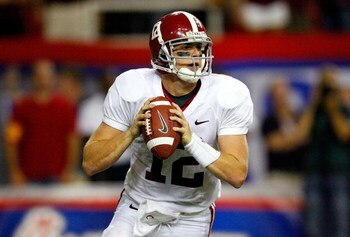 ATLANTA - SEPTEMBER 05:  Quarterback Greg McElroy #12 of the Alabama Crimson Tide looks upfield against the Virginia Tech Hokies during the Chick-fil-A Kickoff Game at Georgia Dome on September 5, 2009 in Atlanta, Georgia.  (Photo by Kevin C. Cox/Getty Im