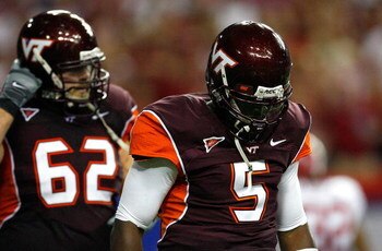 ATLANTA - SEPTEMBER 05:  Quarterback Tyrod Taylor #5 of the Virginia Tech Hokies walks off the field after a set of downs against the Alabama Crimson Tide during the Chick-fil-A Kickoff Game at Georgia Dome on September 5, 2009 in Atlanta, Georgia.  (Phot