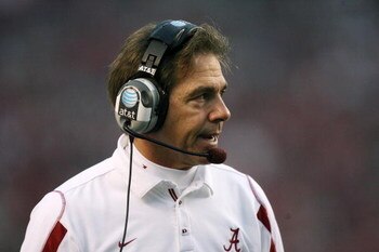 TUSCALOOSA, AL - NOVEMBER 29:  Head coach Nick Saban of the Alabama Crimson Tide watches his team from the sidelines while taking on the Auburn Tigers at Bryant-Denny Stadium on November 29, 2008 in Tuscaloosa, Alabama. Alabama defeated Auburn 36-0.  (Pho