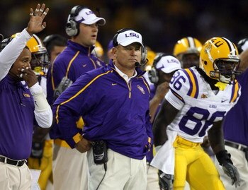 SEATTLE - SEPTEMBER 5:  Head coach Les Miles of the LSU Tigers looks on from the sideline during their game against the Washington Huskies on September 5, 2009 at Husky Stadium in Seattle, Washington. The LSU Tigers defeated the Washington Huskies 31-23. 