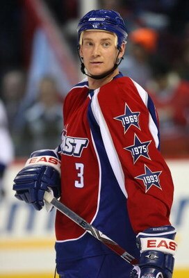 MONTREAL - JANUARY 24:  Eastern Conference All-Star Jay Bouwmeester of the Florida Panthers warms up during the McDonalds/NHL All-Star open practice as part of the 2009 NHL All-Star weekend on January 24, 2009 at the Bell Centre in Montreal, Canada.  (Pho