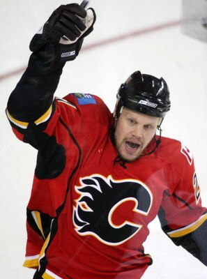 CALGARY, AB - APRIL 22: Olli Jokinen #21 of the Calgary Flames celebrates his first goal against the Chicago Blackhawks  during Game Four of the Western Conference Quarterfinals of the 2009 Stanley Cup Playoffs on April 22, 2009 at the Pengrowth Saddledom
