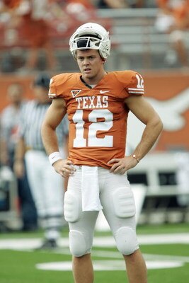 AUSTIN, TX - SEPTEMBER 5:  Quarterback Colt McCoy #12 of the Texas Longhorns looks on during their game against the Louisiana Monroe Warhawks on September 5, 2009 at Darrell K Royal-Texas Memorial Stadium in Austin, Texas. The Longhorns defeated the Warha