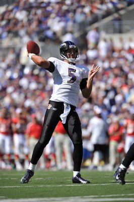 BALTIMORE - SEPTEMBER 13:  Joe Flacco #5 of the Baltimore Ravens passes against the Kansas City Chiefs at M&T Bank Stadium on September 13, 2009 in Baltimore, Maryland. The Ravens defeated the Chiefs 38-24. (Photo by Larry French/Getty Images)
