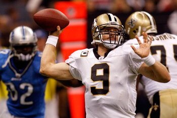 NEW ORLEANS - SEPTEMBER 13:  Quarterback Drew Brees #9 of the New Orleans Saints throws a pass against the Detroit Lions at the Louisiana Superdome on September 13, 2009 in New Orleans, Louisiana.  (Photo by Chris Graythen/Getty Images)