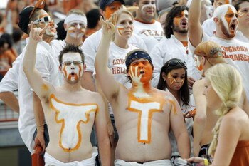 AUSTIN, TX - SEPTEMBER 5:  Fans of the Texas Longhorns show their support during the game against the Louisiana Monroe Warhawks on September 5, 2009 at Darrell K Royal-Texas Memorial Stadium in Austin, Texas. The Longhorns defeated the Warhawks 59-20. (Ph