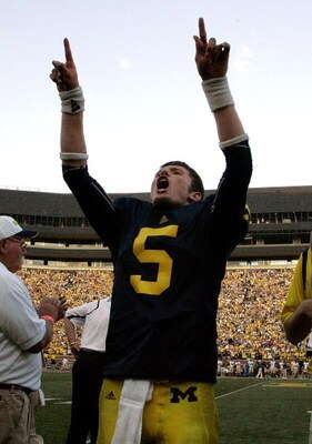 ANN ARBOR, MI - SEPTEMBER 12:  Quarterback Tate Forcier #5 celebrates with seconds left in the game against Notre Dame at Michigan Stadium on September 12, 2009 in Ann Arbor, Michigan.  (Photo by Domenic Centofanti/Getty Images)