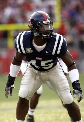 OXFORD, MS - NOVEMBER 17: Jamie Phillips #45 of the Mississippi Rebels gets set on defense during a game against the LSU Tigers on November 17, 2007 at Vaught-Hemingway Stadium/Hollingsworth Field in Oxford, Mississippi. LSU beat Mississippi 41-24. (Photo