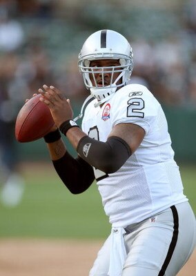 OAKLAND, CA - SEPTEMBER 14:  JaMarcus Russell #2 of the Oakland Raiders warms up before their game against the San Diego Chargers on September 14, 2009 at the Oakland-Alameda County Coliseum in Oakland, California.  (Photo by Ezra Shaw/Getty Images)