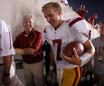 COLUMBUS, OH - SEPTEMBER 13:  Head coach Pete Carroll and Matt Barkley #7 of the Southern California Trojans leave the field after defeating the Ohio State Buckeyes 18-15 on September 13, 2009 at Ohio Stadium in Columbus, Ohio.  (Photo by Gregory Shamus/G