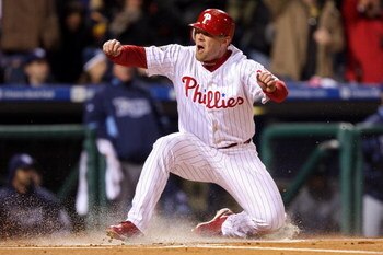 PHILADELPHIA - OCTOBER 29:  Geoff Jenkins #10 of the Philadelphia Phillies reacts as he scores on a RBI single by Jayson Werth #28 in the bottom of the sixth inning against the Tampa Bay Rays during the continuation of game five of the 2008 MLB World Seri