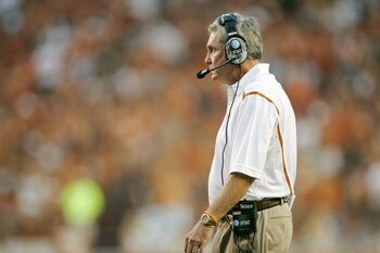 AUSTIN, TX - SEPTEMBER 5:  Head Coach Mac Brown of the Texas Longhorns looks on from the sideline during their game against the Louisiana Monroe Warhawks on September 5, 2009 at Darrell K Royal-Texas Memorial Stadium in Austin, Texas. The Longhorns defeat