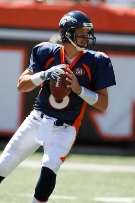 CINCINNATI, OH - SEPTEMBER 13: Quarterback Kyle Orton #8 of the Denver Broncos drops back to pass the football against the Cincinnati Bengals at Paul Brown Stadium on September 13, 2009 in Cincinnati, Ohio. (Photo by Scott Boehm/Getty Images)