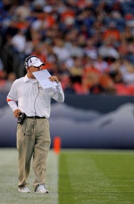 DENVER - SEPTEMBER 03:  Head coach Josh McDaniels of the Denver Broncos walks the sideline as he faces the Arizona Cardinals during preseason NFL action at Invesco Field at Mile High on September 3, 2009 in Denver, Colorado. The Broncos defeated the Cardi